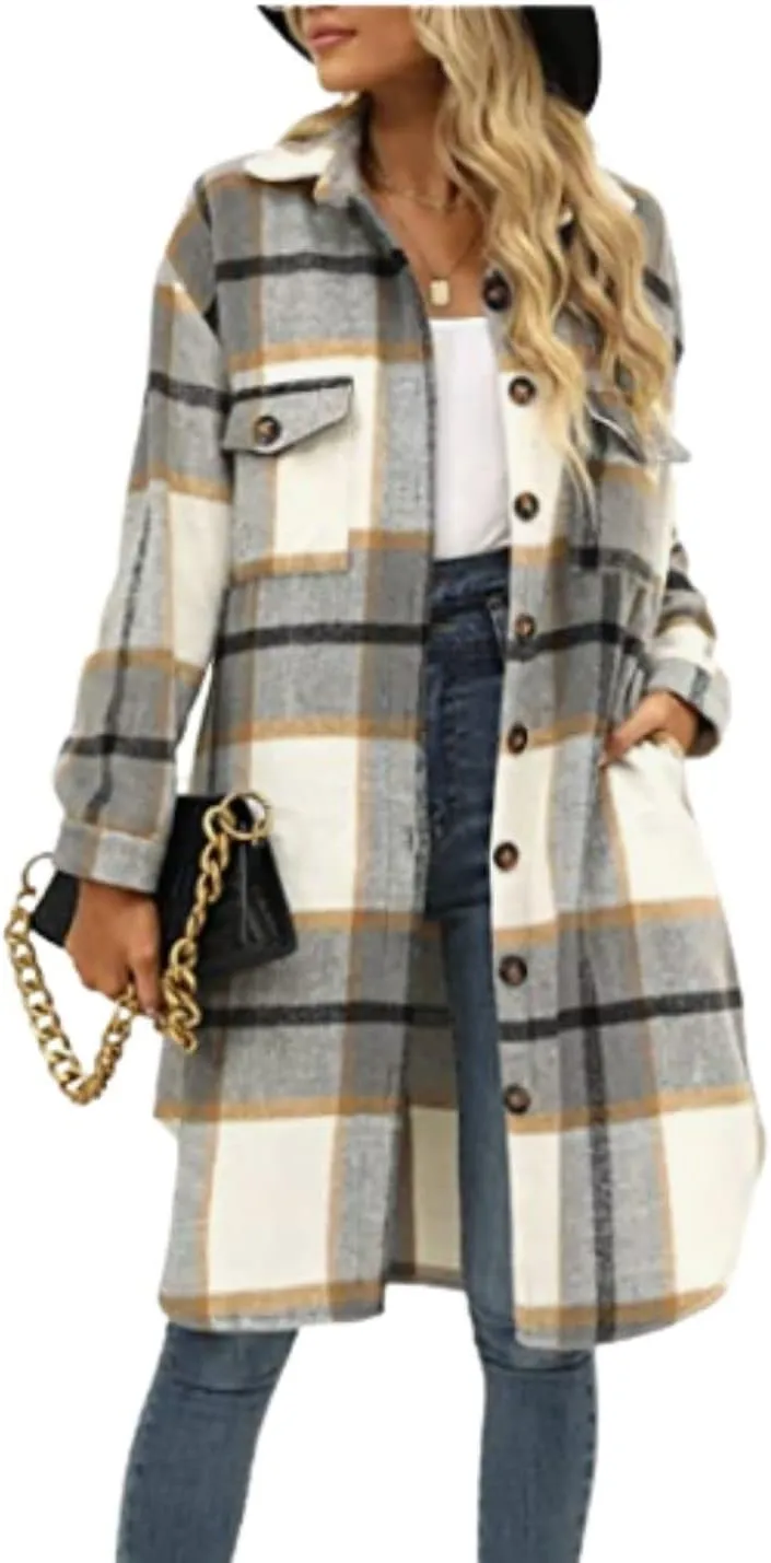 Kwoki Women's Long Plaid Shirt Jacket Casual Loose Fit Button Down Lapel Wool Blend Trench Coat Shackets