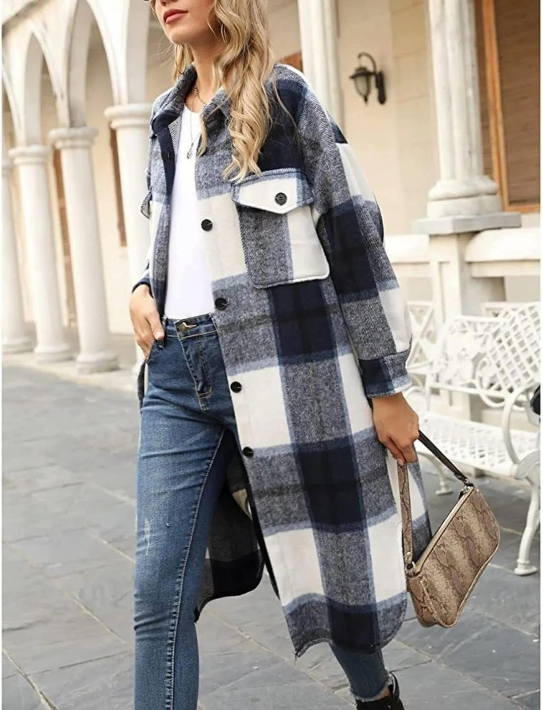 Kwoki Women's Long Plaid Shirt Jacket Casual Loose Fit Button Down Lapel Wool Blend Trench Coat Shackets