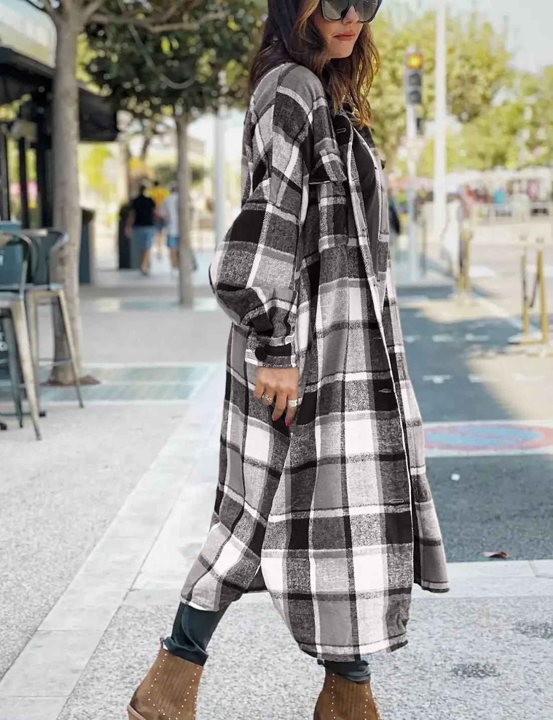 Kwoki Women's Long Plaid Shirt Jacket Casual Loose Fit Button Down Lapel Wool Blend Trench Coat Shackets