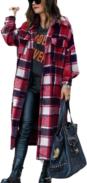 Kwoki Women's Long Plaid Shirt Jacket Casual Loose Fit Button Down Lapel Wool Blend Trench Coat Shackets
