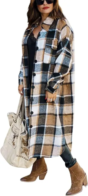 Kwoki Women's Long Plaid Shirt Jacket Casual Loose Fit Button Down Lapel Wool Blend Trench Coat Shackets