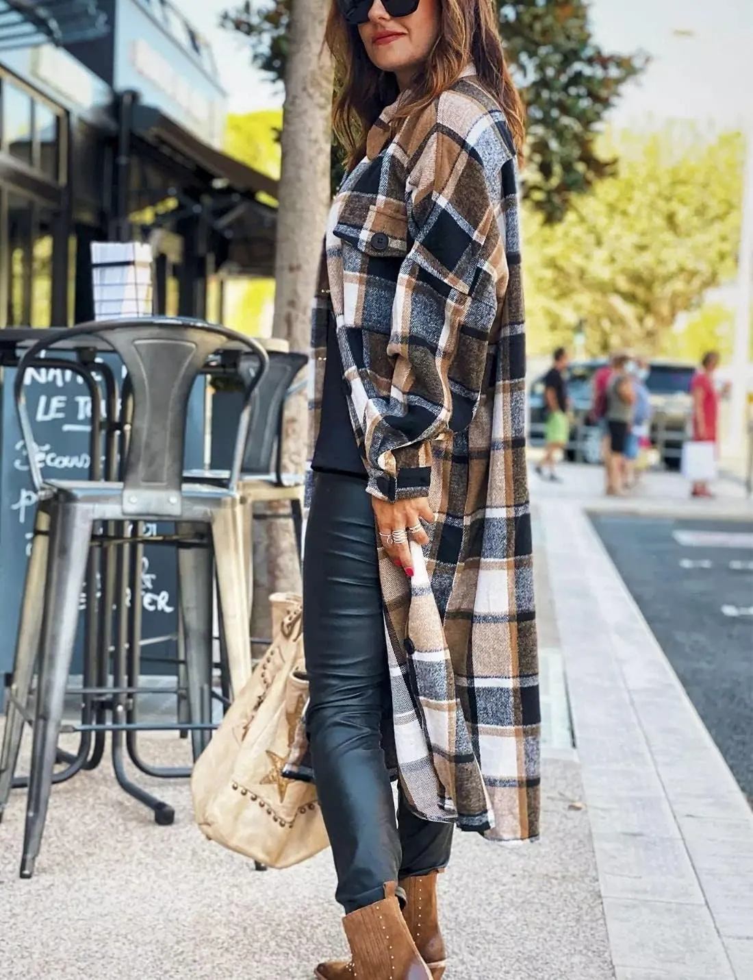 Kwoki Women's Long Plaid Shirt Jacket Casual Loose Fit Button Down Lapel Wool Blend Trench Coat Shackets