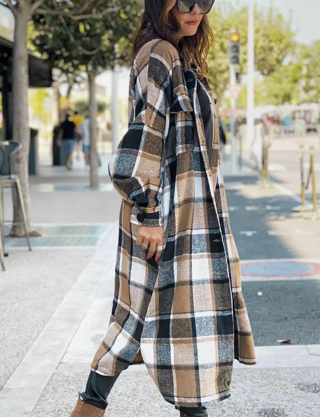 Kwoki Women's Long Plaid Shirt Jacket Casual Loose Fit Button Down Lapel Wool Blend Trench Coat Shackets