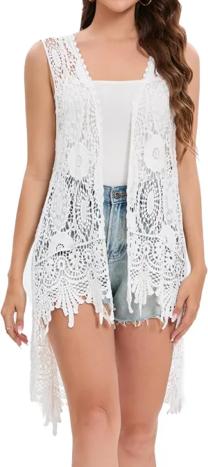 Lace Front Open Sleeveless Top Cardigan Crochet Vest Bikini Cover up Summer Beachwear