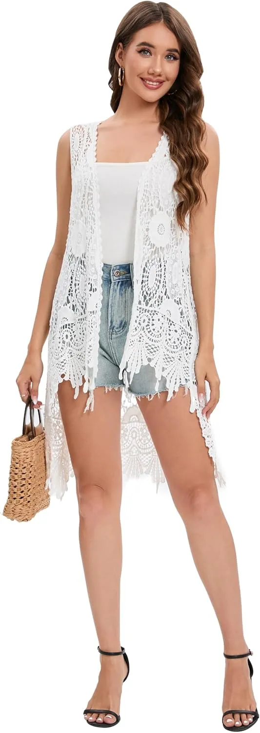 Lace Front Open Sleeveless Top Cardigan Crochet Vest Bikini Cover up Summer Beachwear