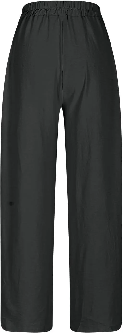 Ladies Solid Color Summer Trousers Cotton and Linen Loose Drawstring Casual Pants High Waist Wide Leg Pant for Lounge