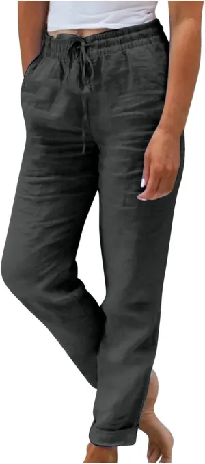 Ladies Solid Color Summer Trousers Cotton and Linen Loose Drawstring Casual Pants High Waist Wide Leg Pant for Lounge