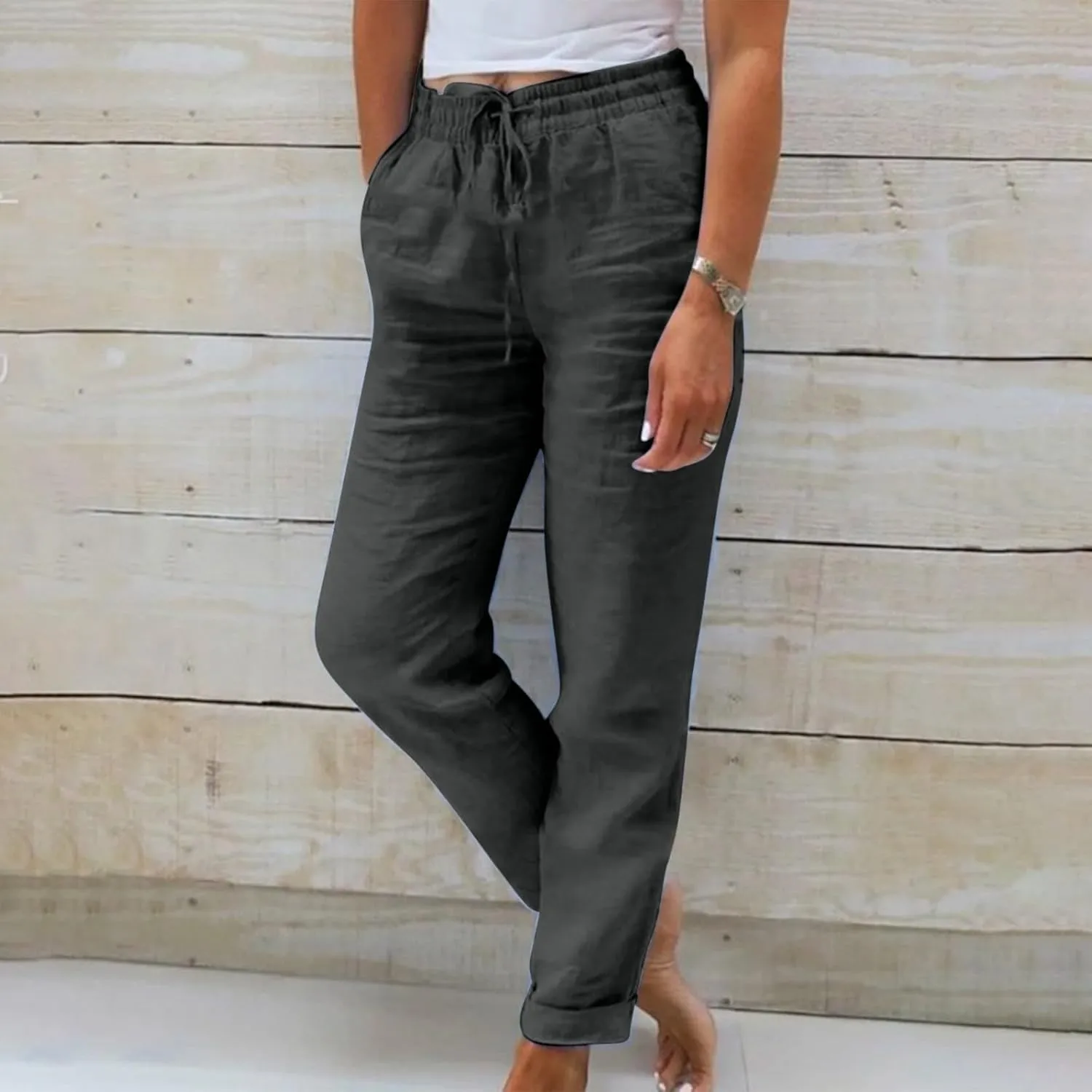 Ladies Solid Color Summer Trousers Cotton and Linen Loose Drawstring Casual Pants High Waist Wide Leg Pant for Lounge