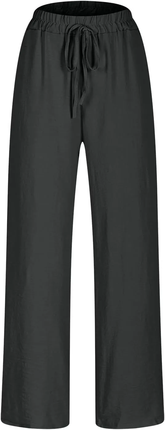 Ladies Solid Color Summer Trousers Cotton and Linen Loose Drawstring Casual Pants High Waist Wide Leg Pant for Lounge