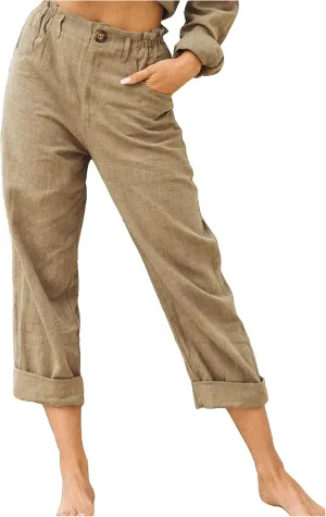 Lastesso Linen Pants Women Spring Summer Lounge Capris Vintage High Waist Straight Cotton Linen Pants Loose Ladies Trouser