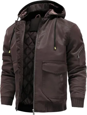 Leather Jackets for Men,Stand Collar Zip Up Motorcycle Biker Bomber Jacket With Removable Hood