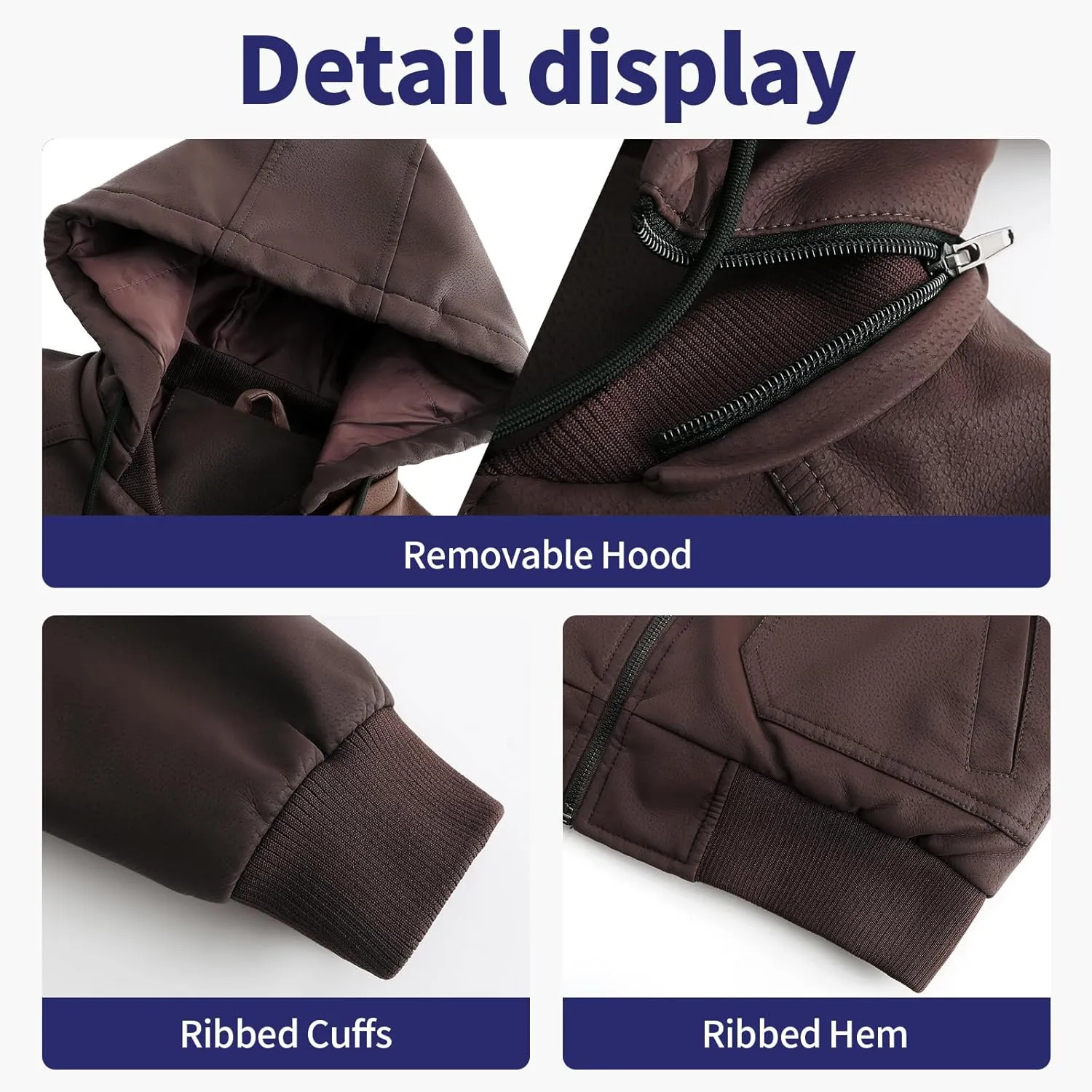 Leather Jackets for Men,Stand Collar Zip Up Motorcycle Biker Bomber Jacket With Removable Hood