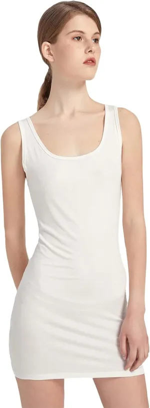 Liang Rou Women's Mini-Ribbed Stretch Scoop Neck Extra Long Tank Top