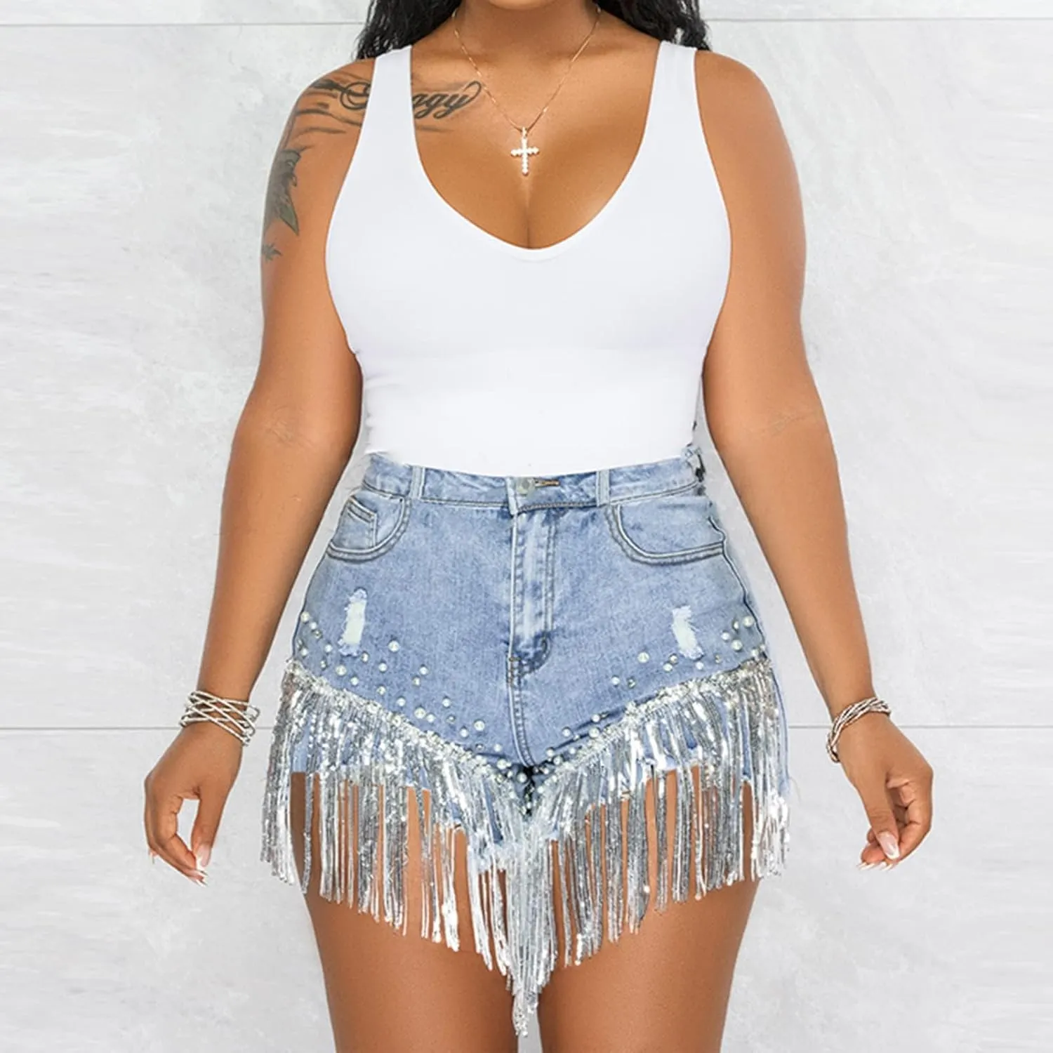 LifeShe Women Denim Short Rhinestone Pearl Beaded Fringe Tassel Jean Short