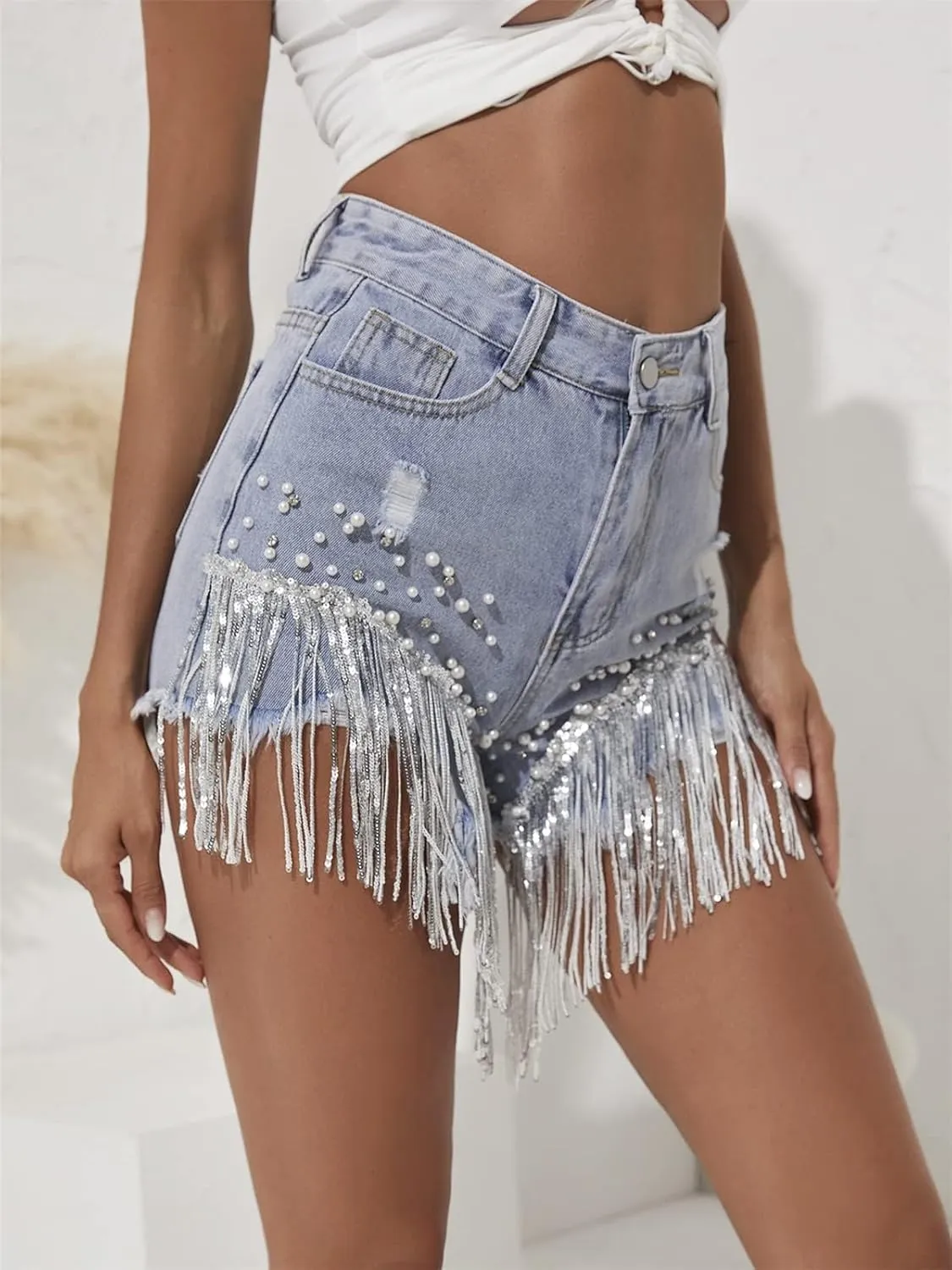 LifeShe Women Denim Short Rhinestone Pearl Beaded Fringe Tassel Jean Short