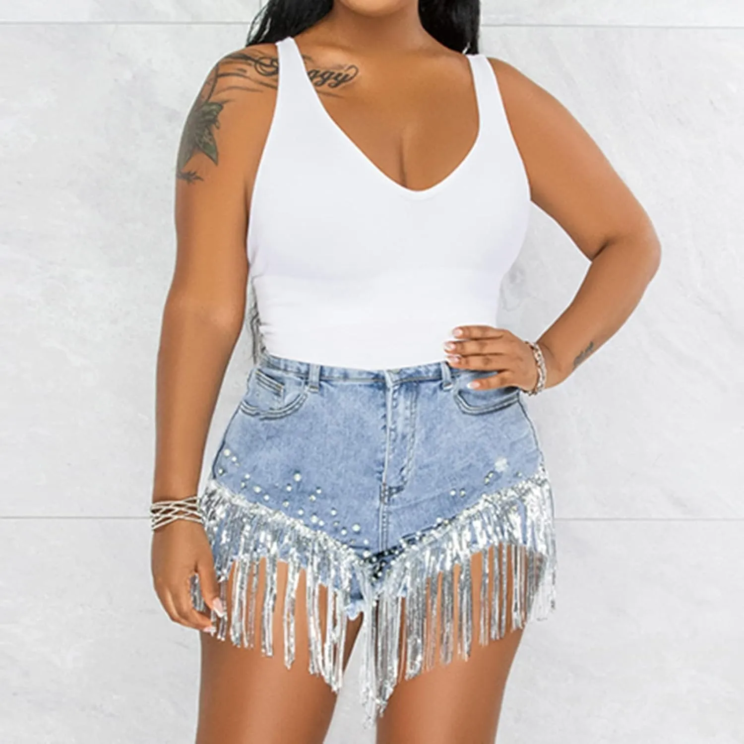 LifeShe Women Denim Short Rhinestone Pearl Beaded Fringe Tassel Jean Short