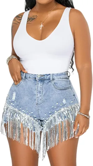 LifeShe Women Denim Short Rhinestone Pearl Beaded Fringe Tassel Jean Short