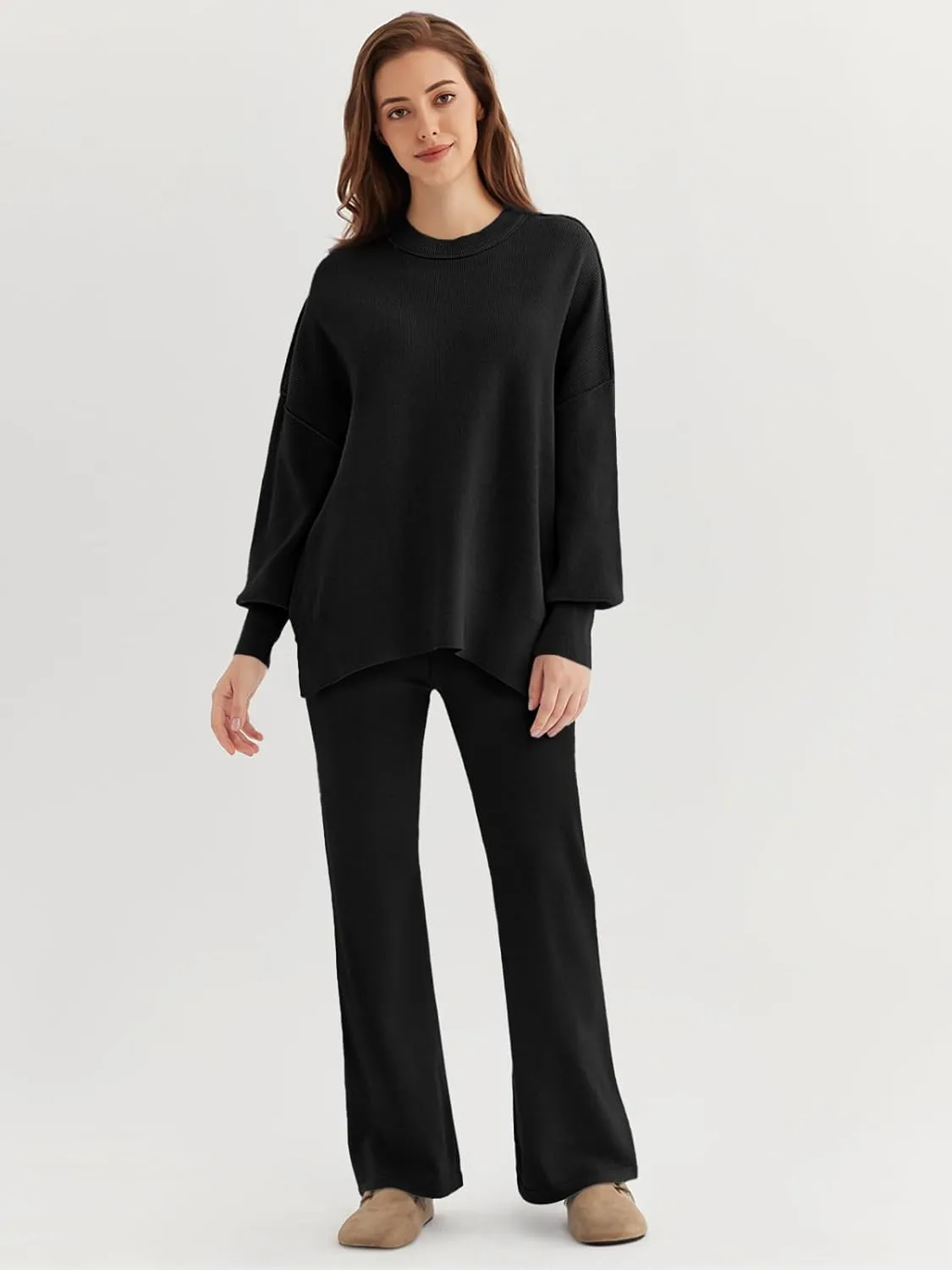 LILLUSORY Women 2 Piece Outfits Sweatsuit Oversized Knit Pullover Sweater Tops Wide Leg Pants Lounge Set