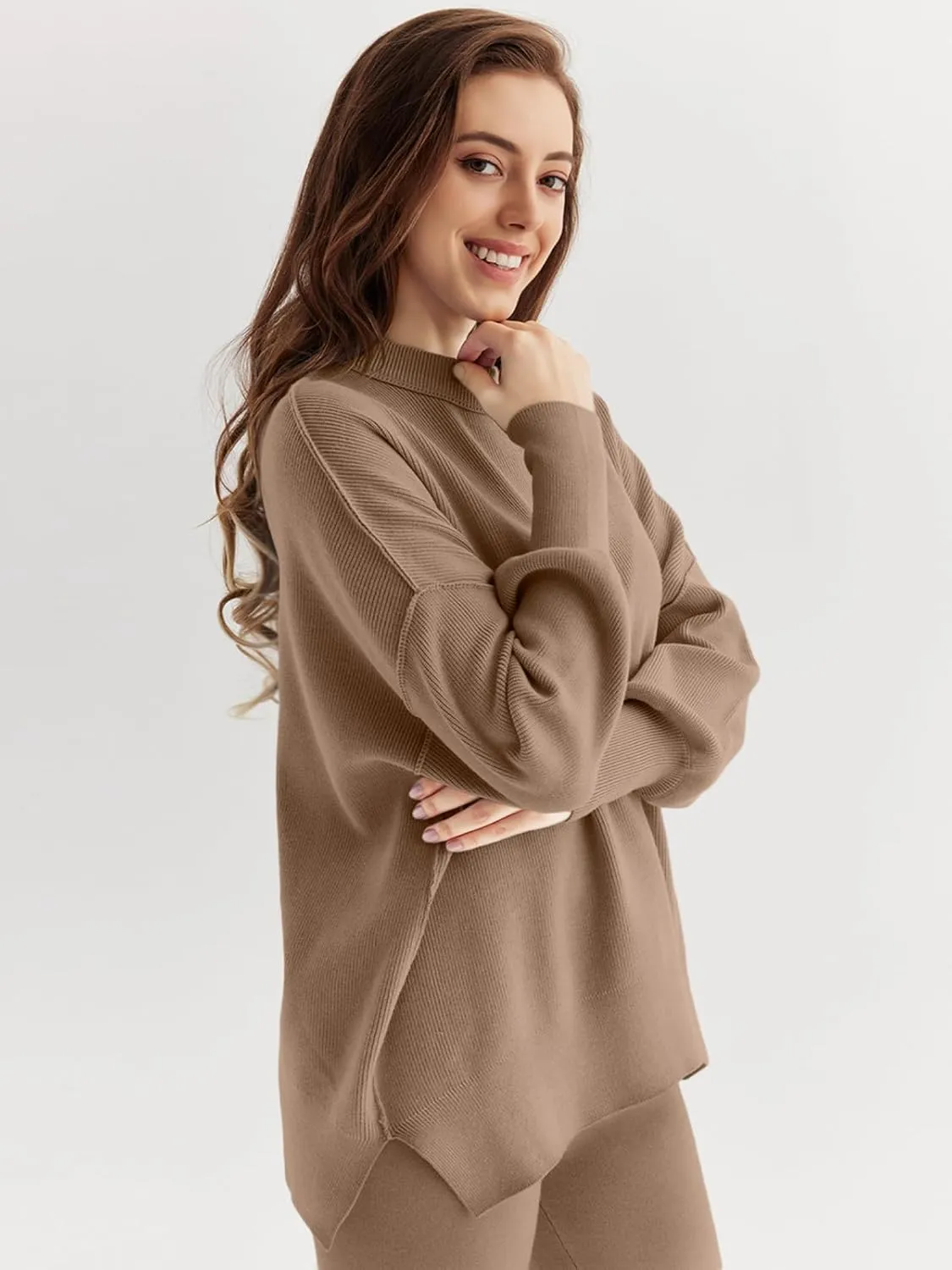 LILLUSORY Women 2 Piece Outfits Sweatsuit Oversized Knit Pullover Sweater Tops Wide Leg Pants Lounge Set