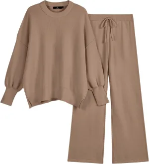 LILLUSORY Women 2 Piece Outfits Sweatsuit Oversized Knit Pullover Sweater Tops Wide Leg Pants Lounge Set