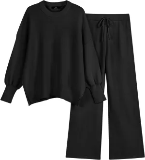 LILLUSORY Women 2 Piece Outfits Sweatsuit Oversized Knit Pullover Sweater Tops Wide Leg Pants Lounge Set
