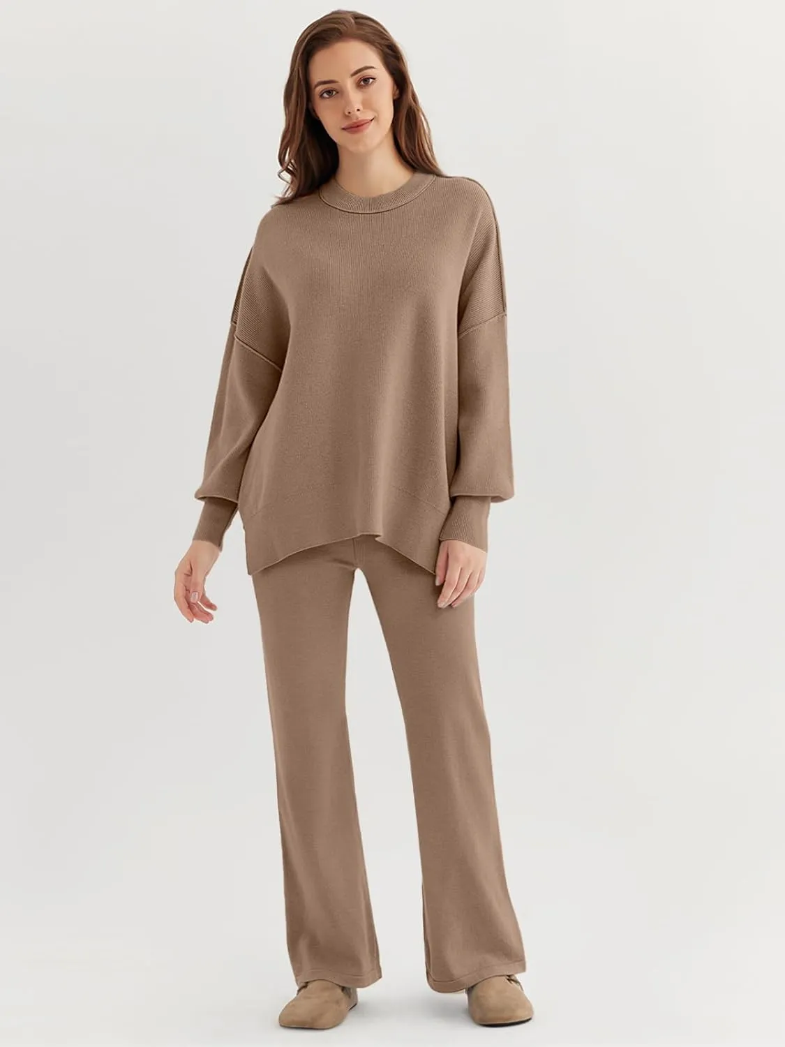 LILLUSORY Women 2 Piece Outfits Sweatsuit Oversized Knit Pullover Sweater Tops Wide Leg Pants Lounge Set