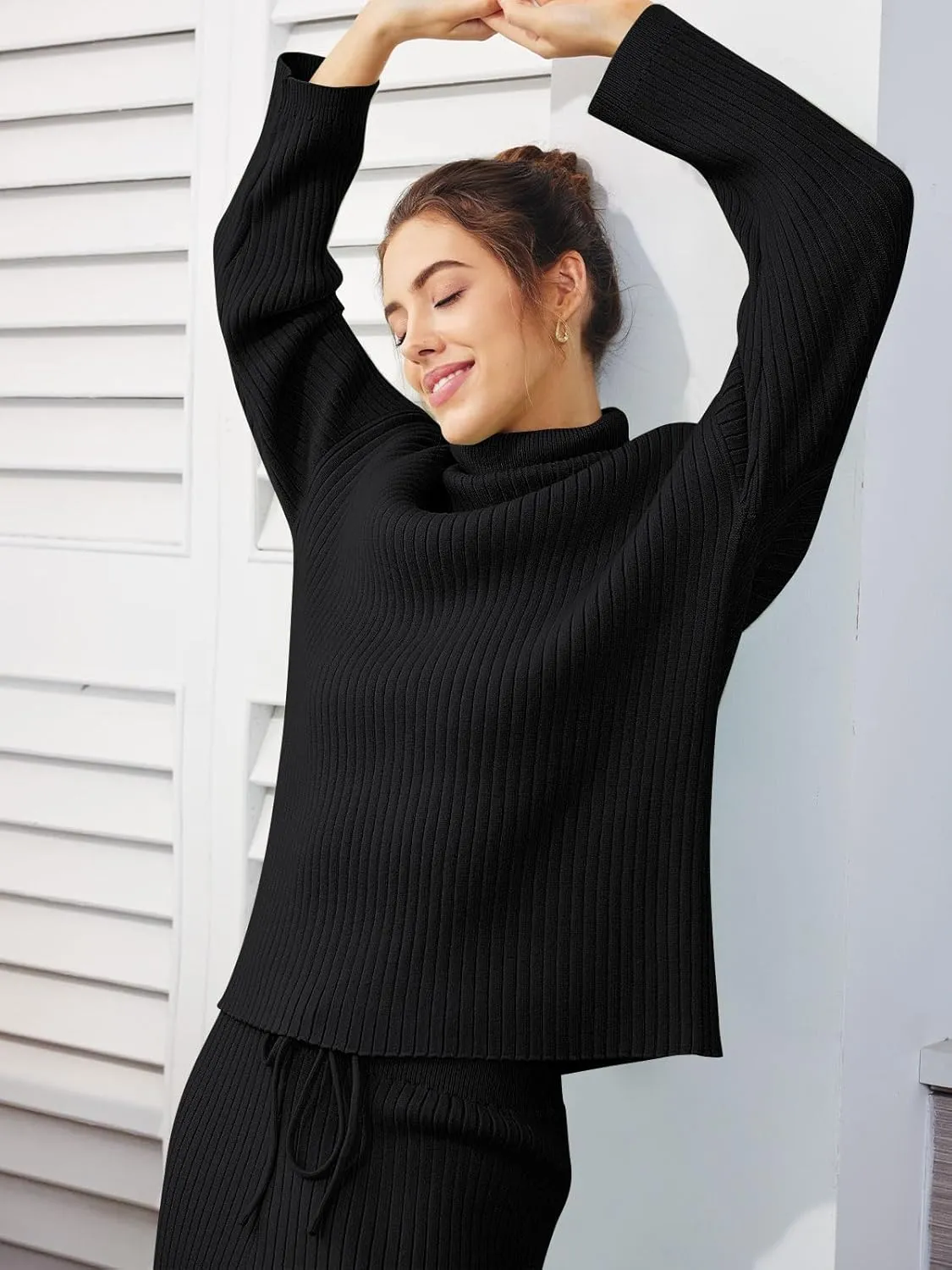 LILLUSORY Women's 2 Piece Outfits Turtleneck Sweaters Lounge Set and Wide Leg Pants Cozy Knit Sweatsuit Sets
