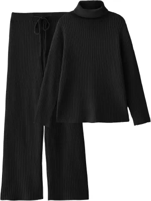 LILLUSORY Women's 2 Piece Outfits Turtleneck Sweaters Lounge Set and Wide Leg Pants Cozy Knit Sweatsuit Sets