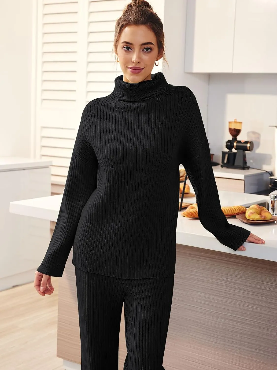 LILLUSORY Women's 2 Piece Outfits Turtleneck Sweaters Lounge Set and Wide Leg Pants Cozy Knit Sweatsuit Sets