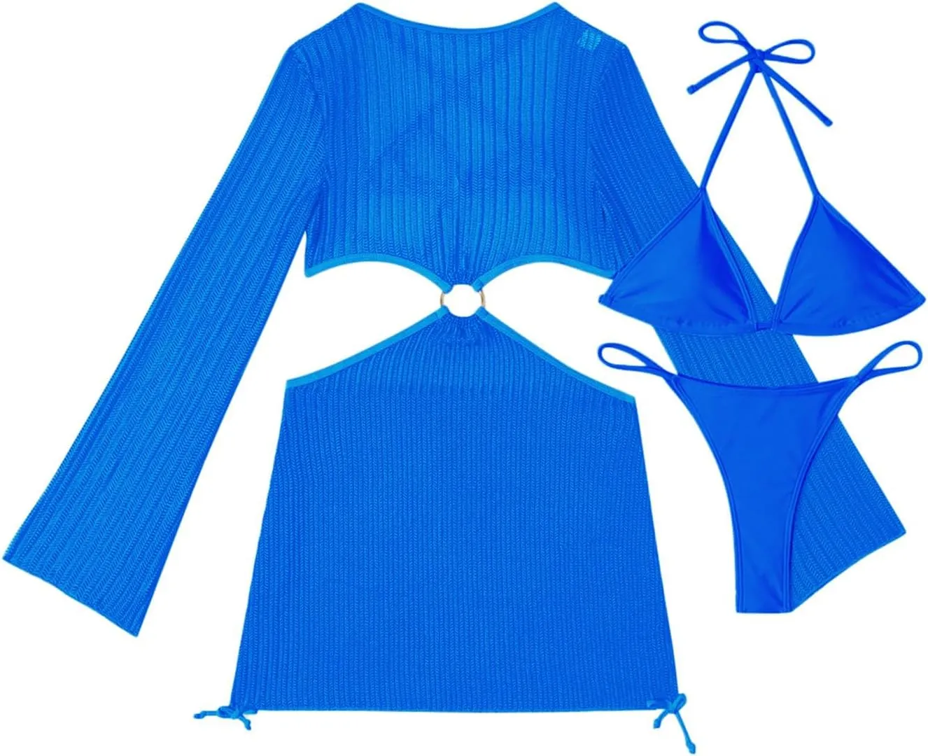 Lilosy Sexy Long Sleeve Cutout Swimwear Cover Ups Top Bottom 3 Piece Set