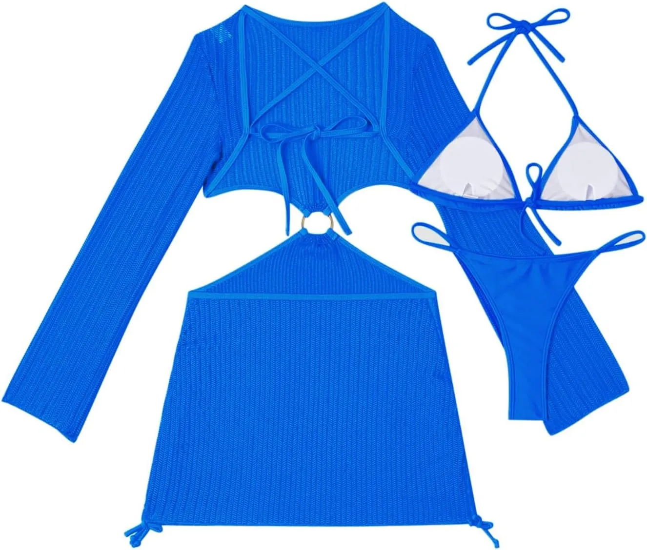 Lilosy Sexy Long Sleeve Cutout Swimwear Cover Ups Top Bottom 3 Piece Set