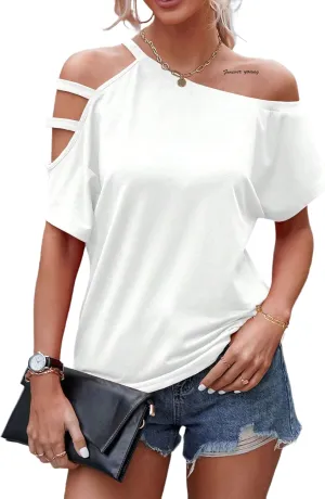 LilyCoco Women's Off The Shoulder Top Short Sleeve Cutout Asymmetrical Neck T Shirt