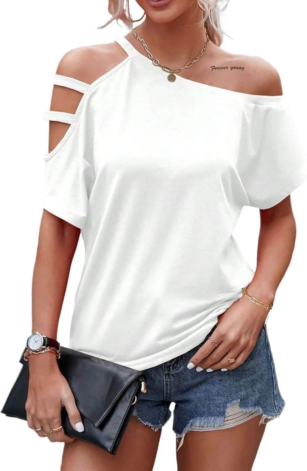 LilyCoco Women's Off The Shoulder Top Short Sleeve Cutout Asymmetrical Neck T Shirt