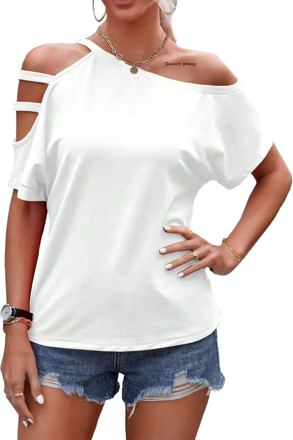 LilyCoco Women's Off The Shoulder Top Short Sleeve Cutout Asymmetrical Neck T Shirt