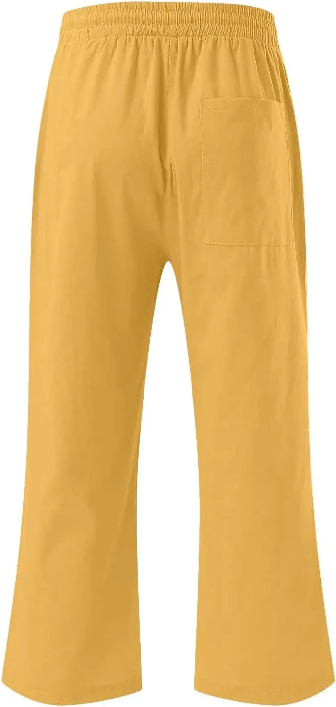 Linen Capri Pants for Women Cotton Casual Summer Capris Drawstring High Waist Pants Wide Leg Cropped Trousers