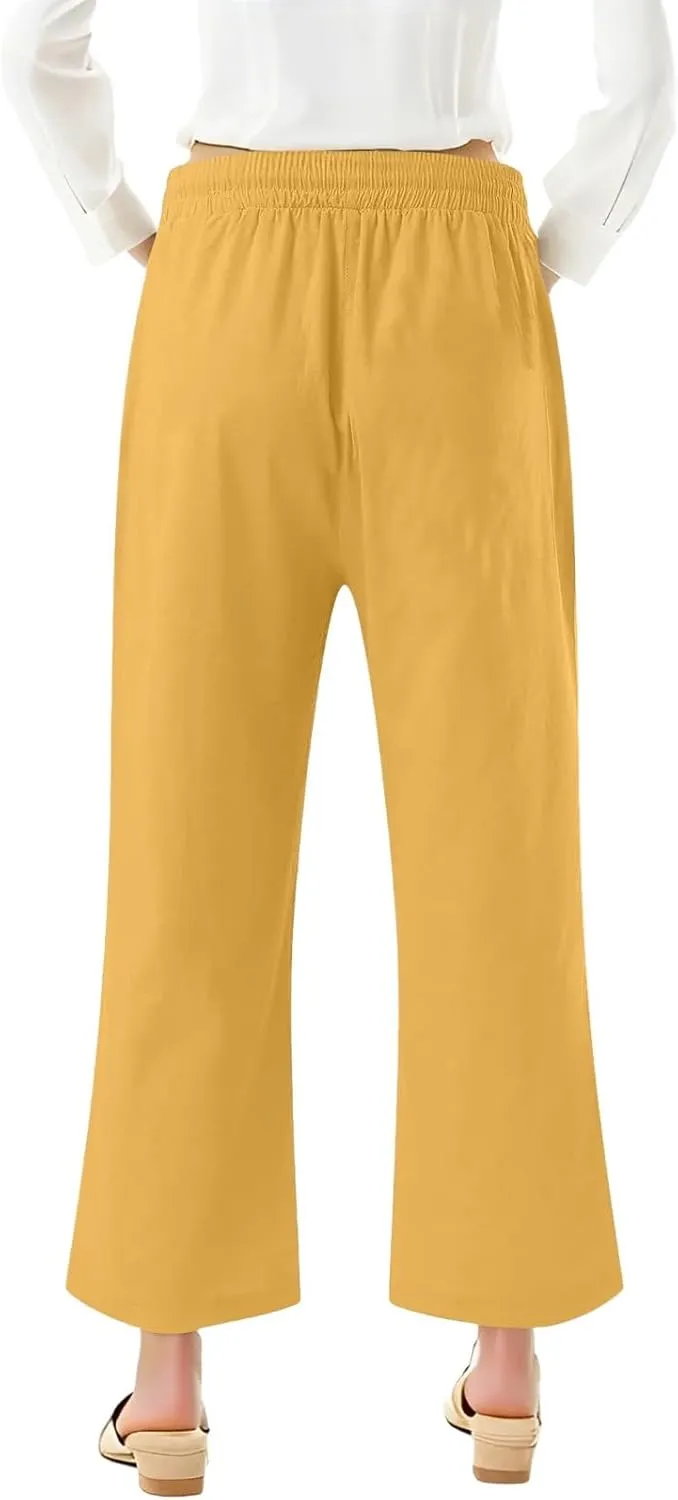 Linen Capri Pants for Women Cotton Casual Summer Capris Drawstring High Waist Pants Wide Leg Cropped Trousers