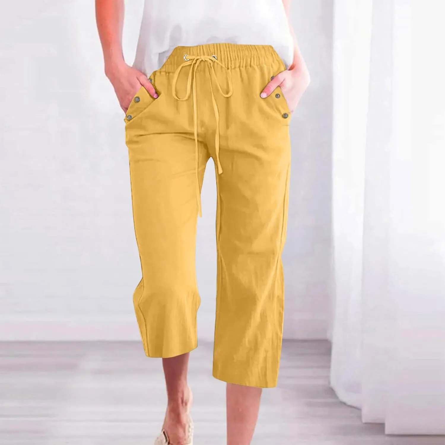 Linen Capri Pants for Women Cotton Casual Summer Capris Drawstring High Waist Pants Wide Leg Cropped Trousers