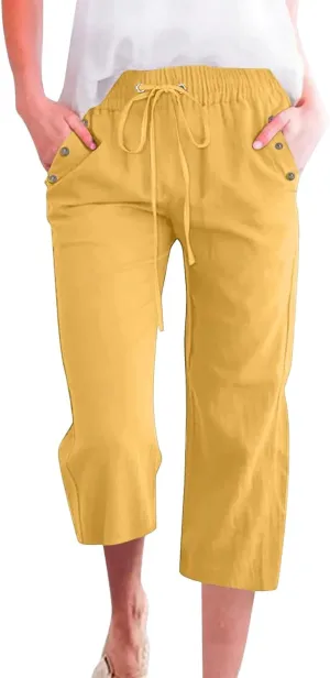 Linen Capri Pants for Women Cotton Casual Summer Capris Drawstring High Waist Pants Wide Leg Cropped Trousers