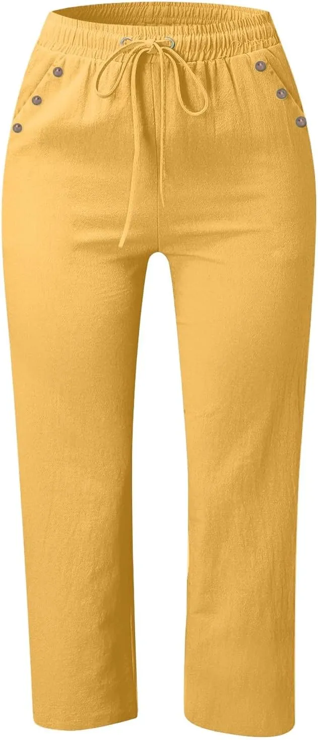 Linen Capri Pants for Women Cotton Casual Summer Capris Drawstring High Waist Pants Wide Leg Cropped Trousers