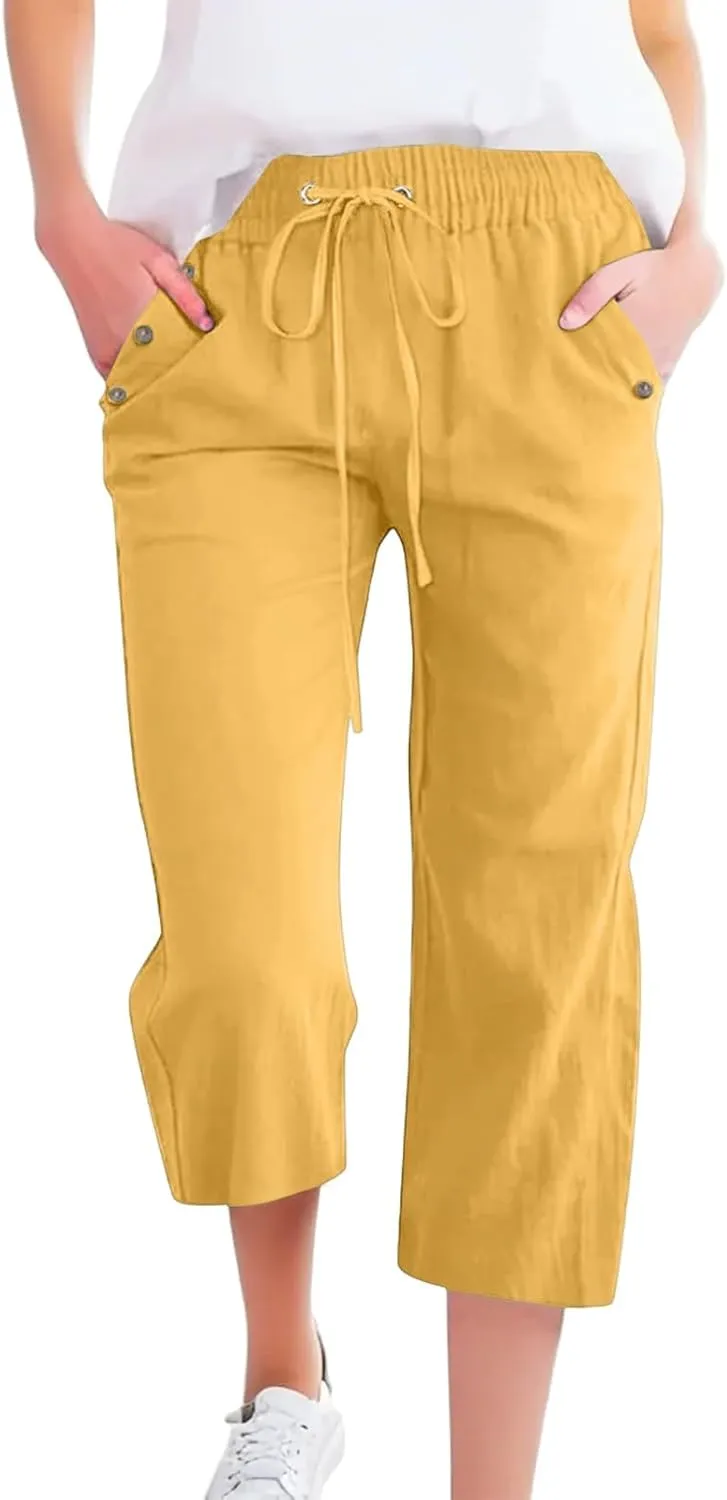 Linen Capri Pants for Women Cotton Casual Summer Capris Drawstring High Waist Pants Wide Leg Cropped Trousers