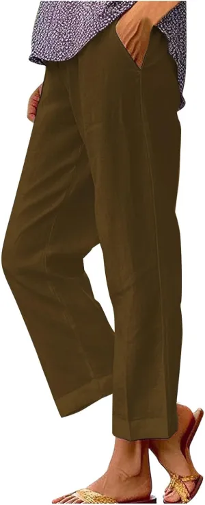 Linen Capri Pants for Women High Waisted Straight Leg Cropped Lounge Pant Comfy Soft Gauze Trousers with Pockets