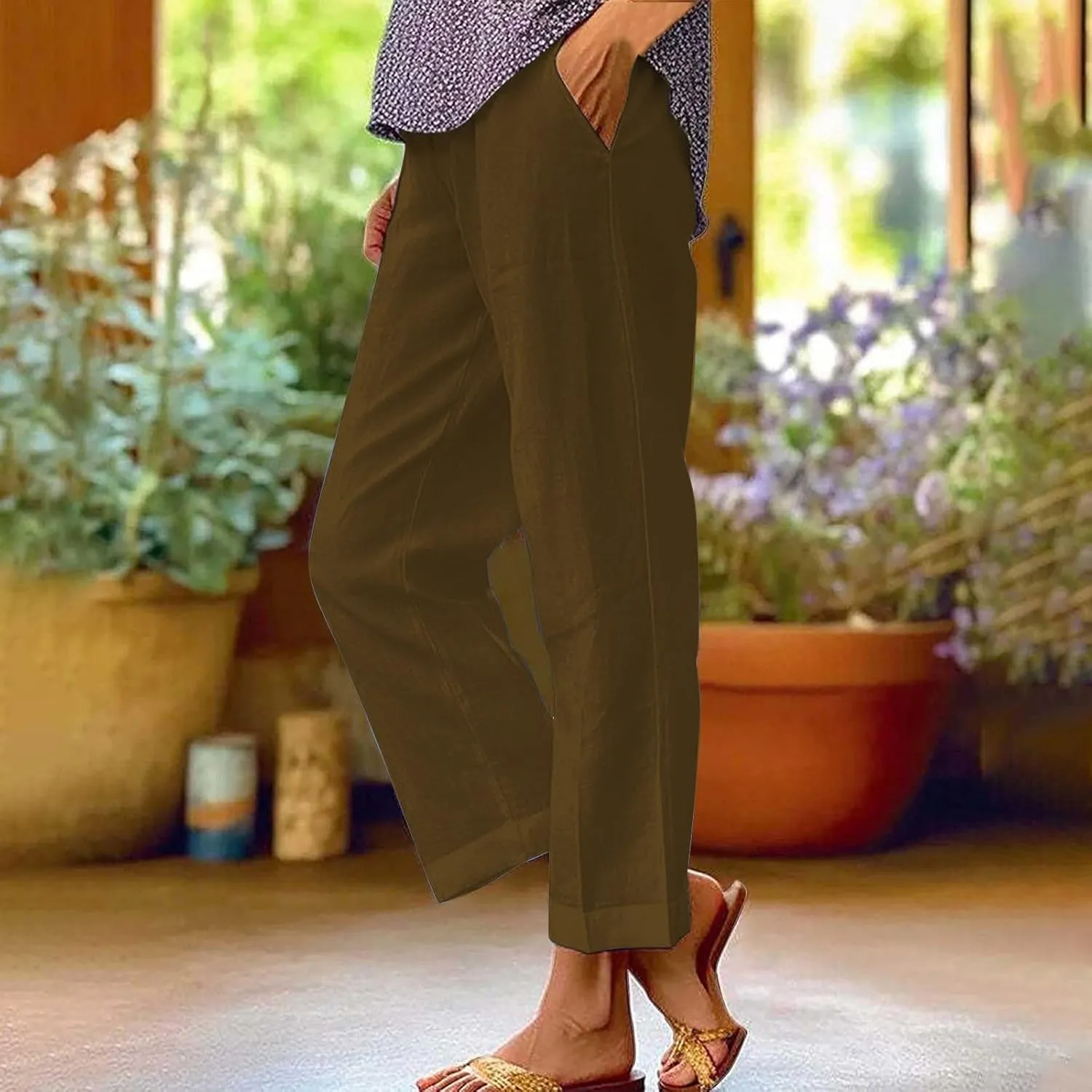 Linen Capri Pants for Women High Waisted Straight Leg Cropped Lounge Pant Comfy Soft Gauze Trousers with Pockets