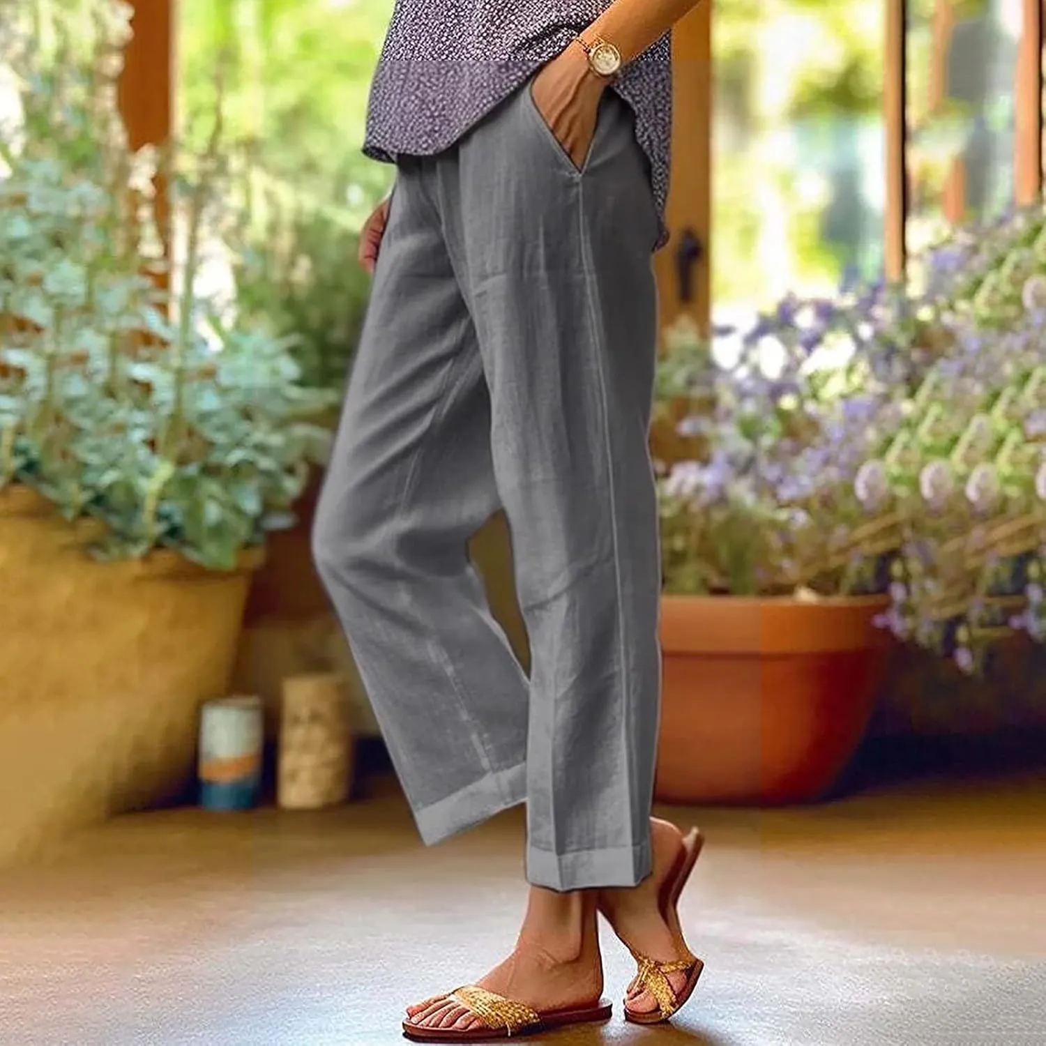 Linen Capri Pants for Women Summer 2025 Wide Leg Loose Drawstring Elastic Waist Cropped Trouser