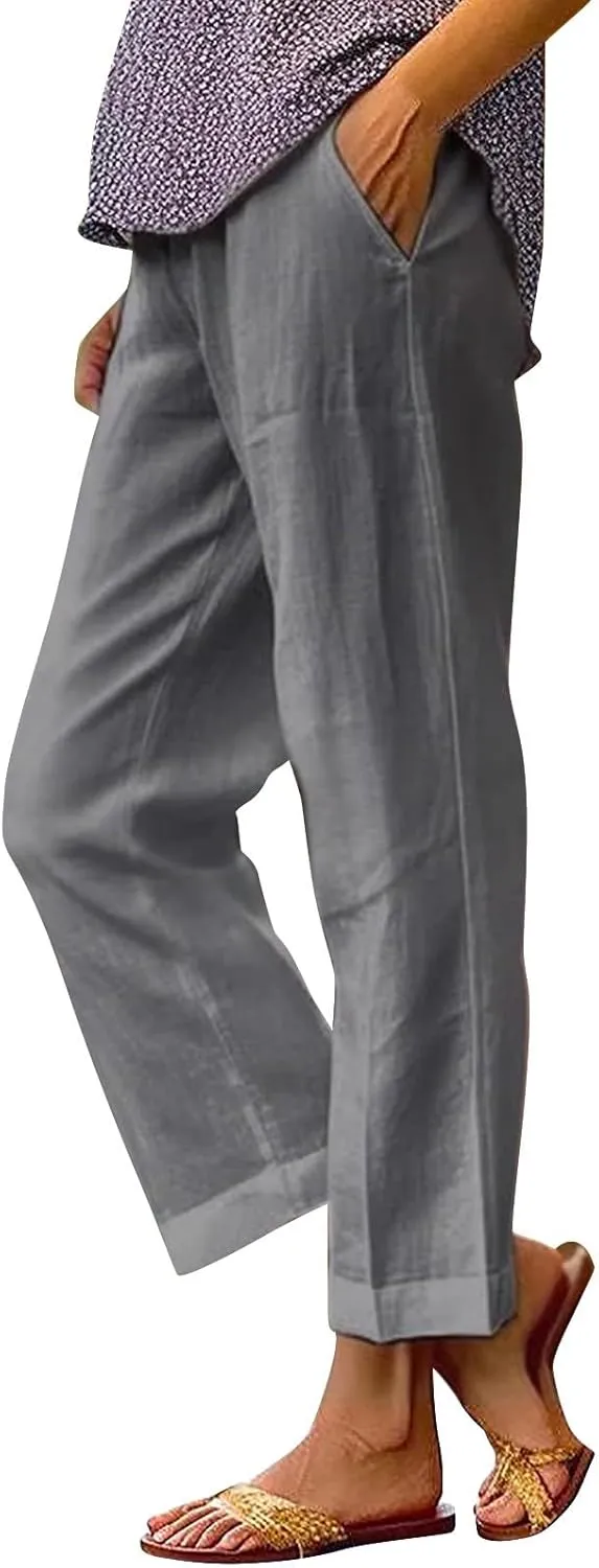 Linen Capri Pants for Women Summer 2025 Wide Leg Loose Drawstring Elastic Waist Cropped Trouser