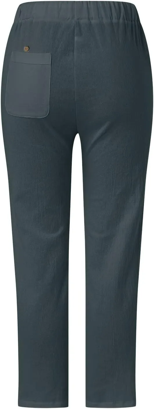 Linen Capri Pants for Women Summer Button Side Beach Pants Drawstring Elastic Waist Loose Casual Pants Comfy Cotton Yoga Pant