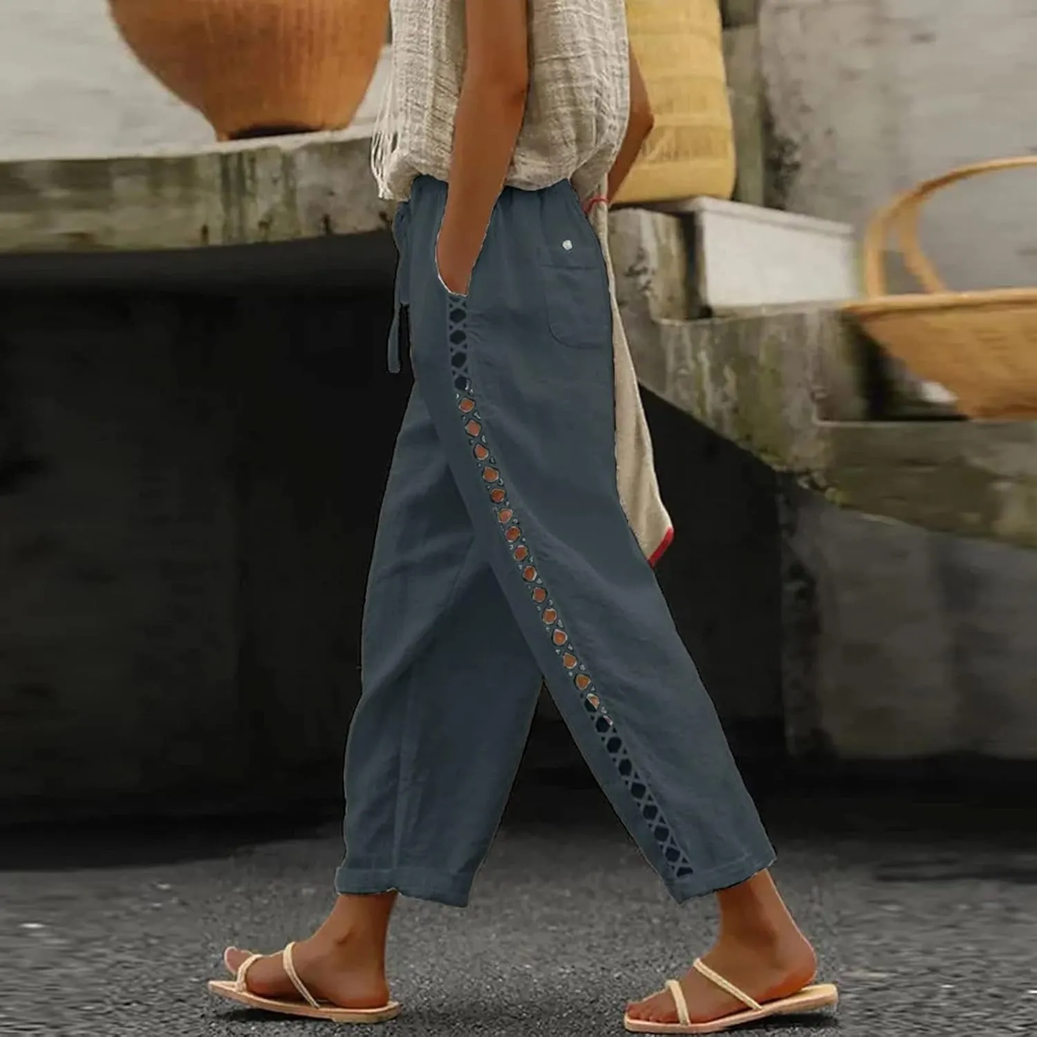 Linen Capri Pants for Women Summer Button Side Beach Pants Drawstring Elastic Waist Loose Casual Pants Comfy Cotton Yoga Pant