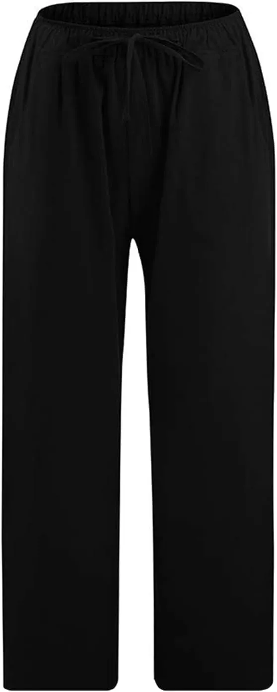 Linen Capri Pants for Women with Pockets Drawstring Waisted Summer Loose Cropped Pants Wide Leg Trousers