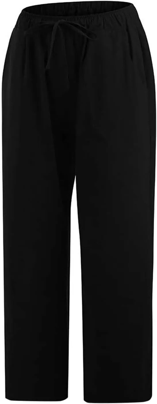 Linen Capri Pants for Women with Pockets Drawstring Waisted Summer Loose Cropped Pants Wide Leg Trousers