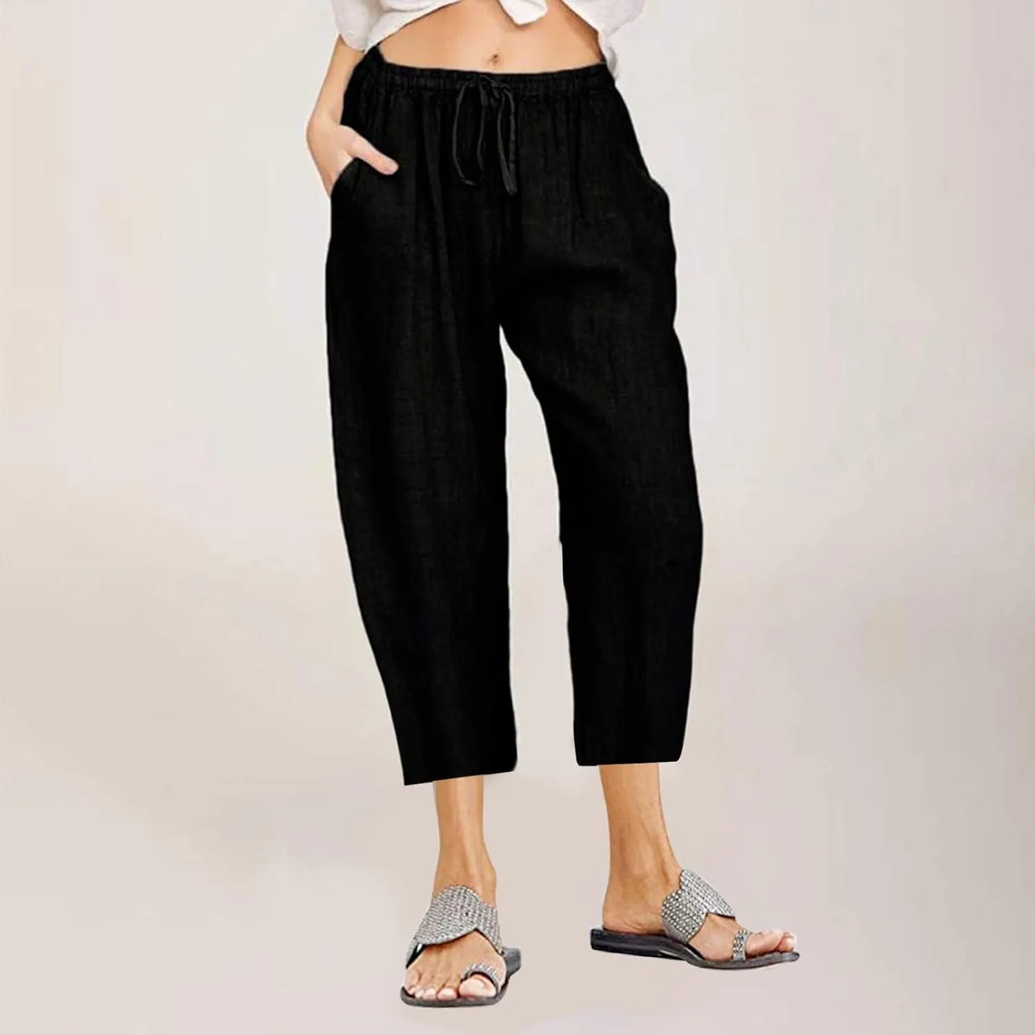 Linen Capri Pants for Women with Pockets Drawstring Waisted Summer Loose Cropped Pants Wide Leg Trousers