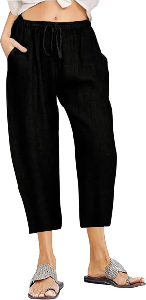Linen Capri Pants for Women with Pockets Drawstring Waisted Summer Loose Cropped Pants Wide Leg Trousers